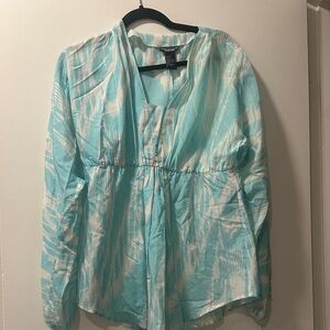 Doncaster- Aqua and White Patterned smock Blouse XL